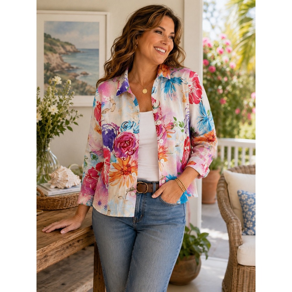 Coldwater Creek Linen Blend Floral Jacket Shirt Women's 16 Colorful Artsy